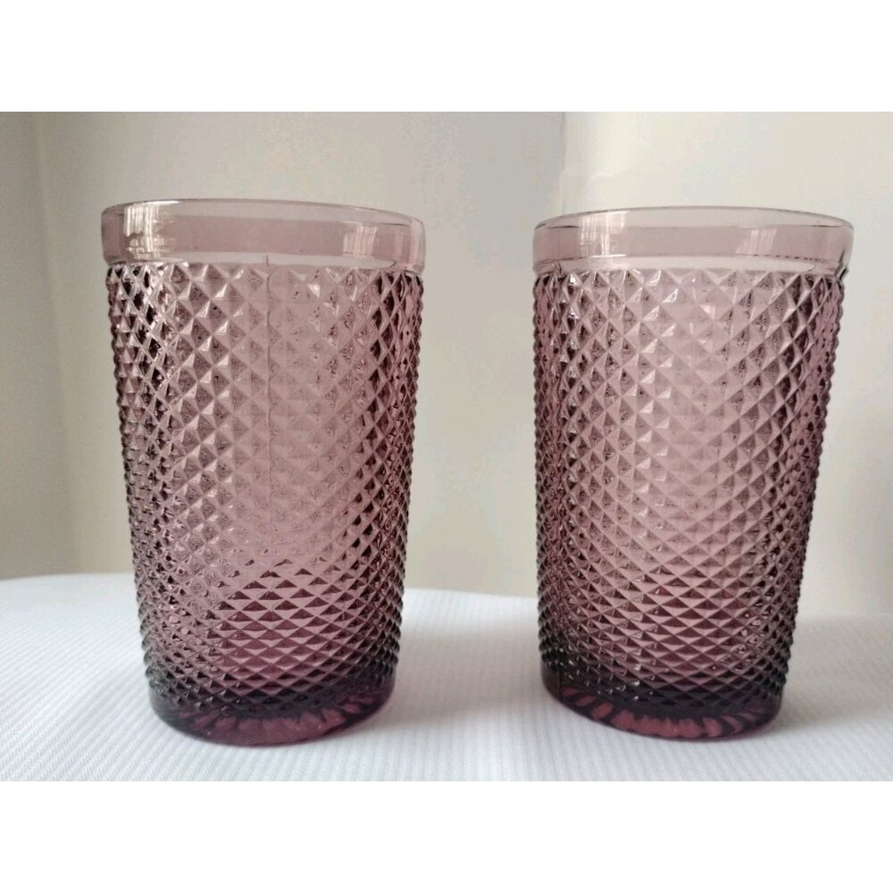 Set Of 2 Purple Amethyst Diamond Point Tumbler Glasses Great 5"X3" New